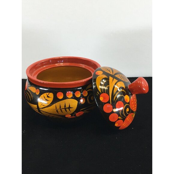 Vintage Russian Khokhloma Lacquered Wood Jar with Lid Painted Red Black - Picture 3 of 10